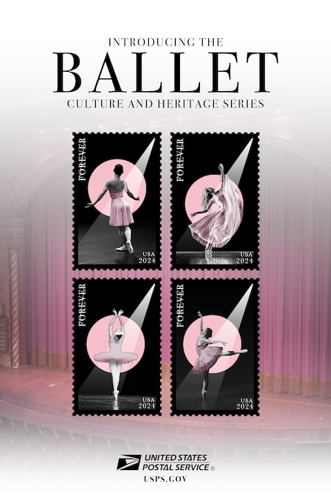 Four stamps with ballet dancers on a background of a stage.